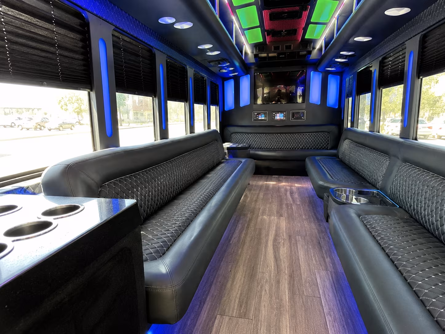 stratford 15 passenger party bus inside