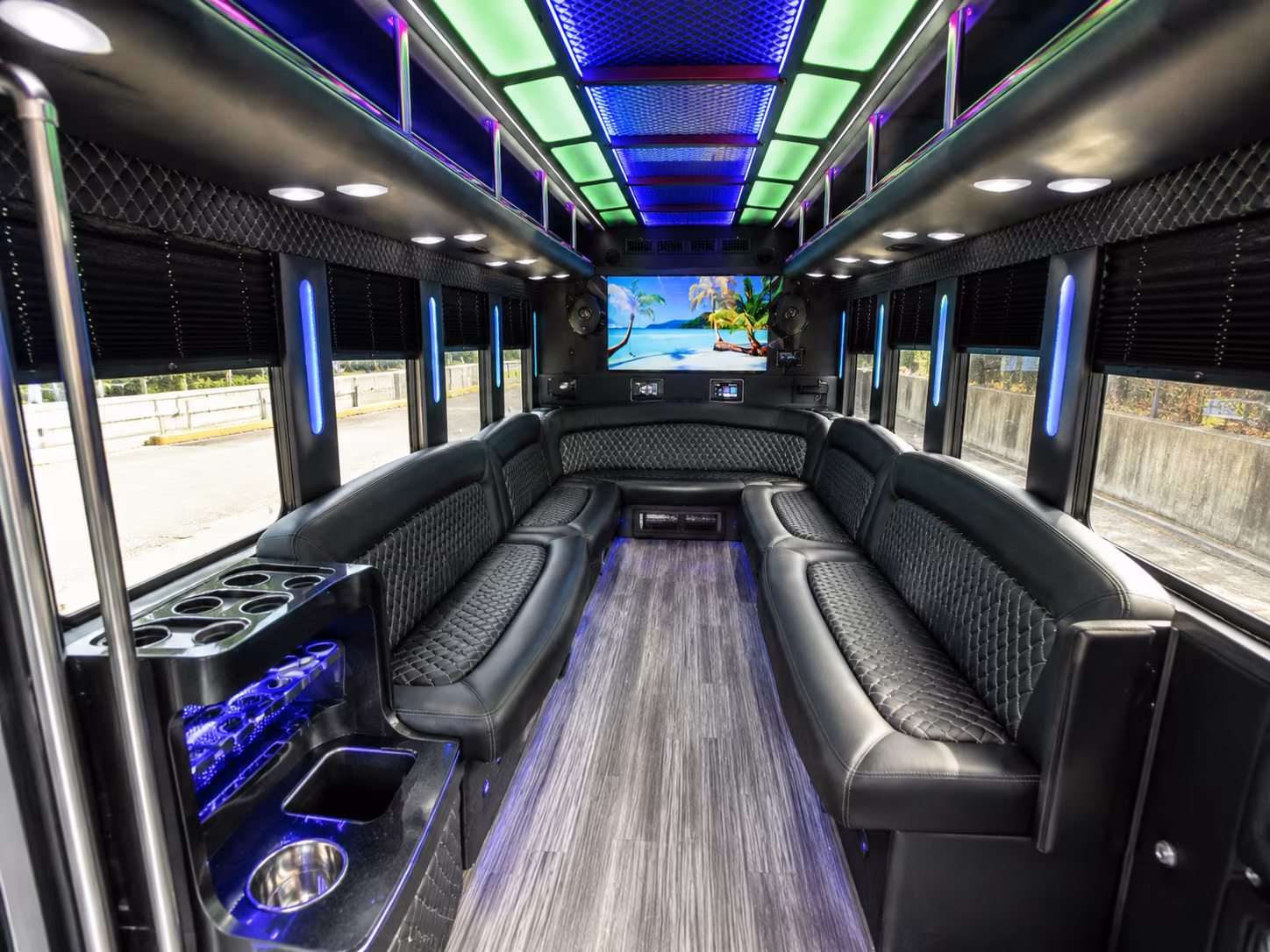 stratford 18 passenger party bus inside