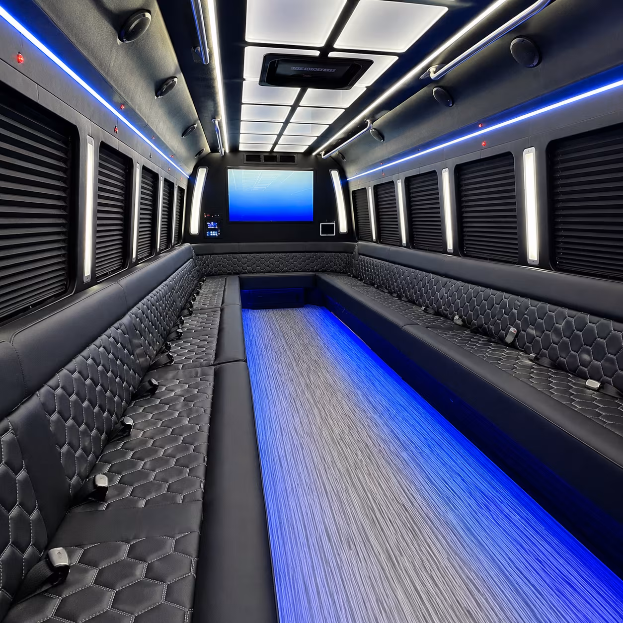 stratford 50 passenger party bus inside